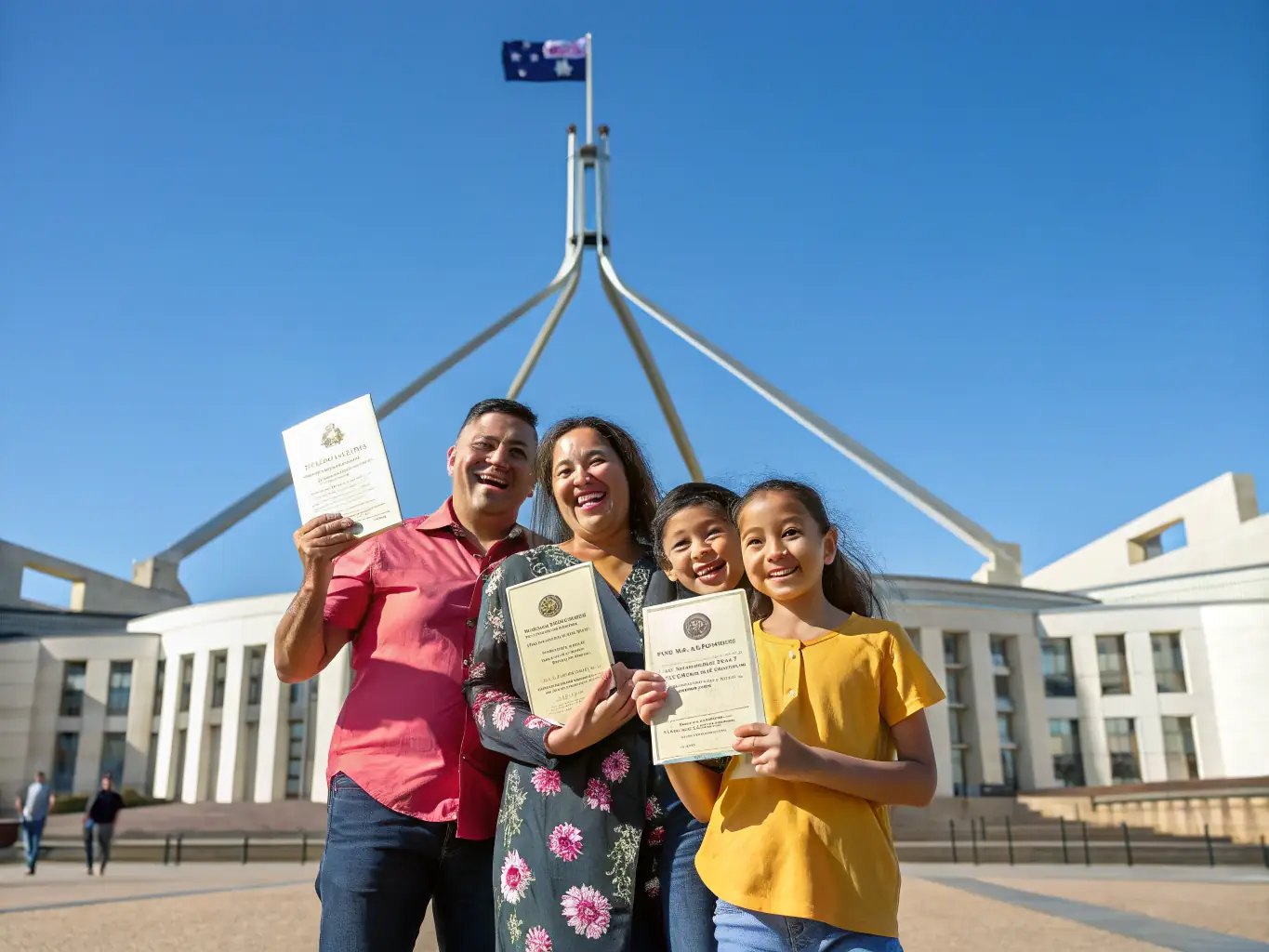 A loving family is embracing in front of the iconic Sydney Opera House, representing the joy and fulfillment of family reunification through partner and family visas.
