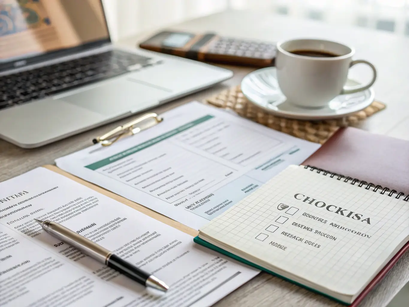 A person reviewing documents related to visa applications, with a focus on forms and checklists. The setting is a modern office environment, emphasizing professionalism and attention to detail.